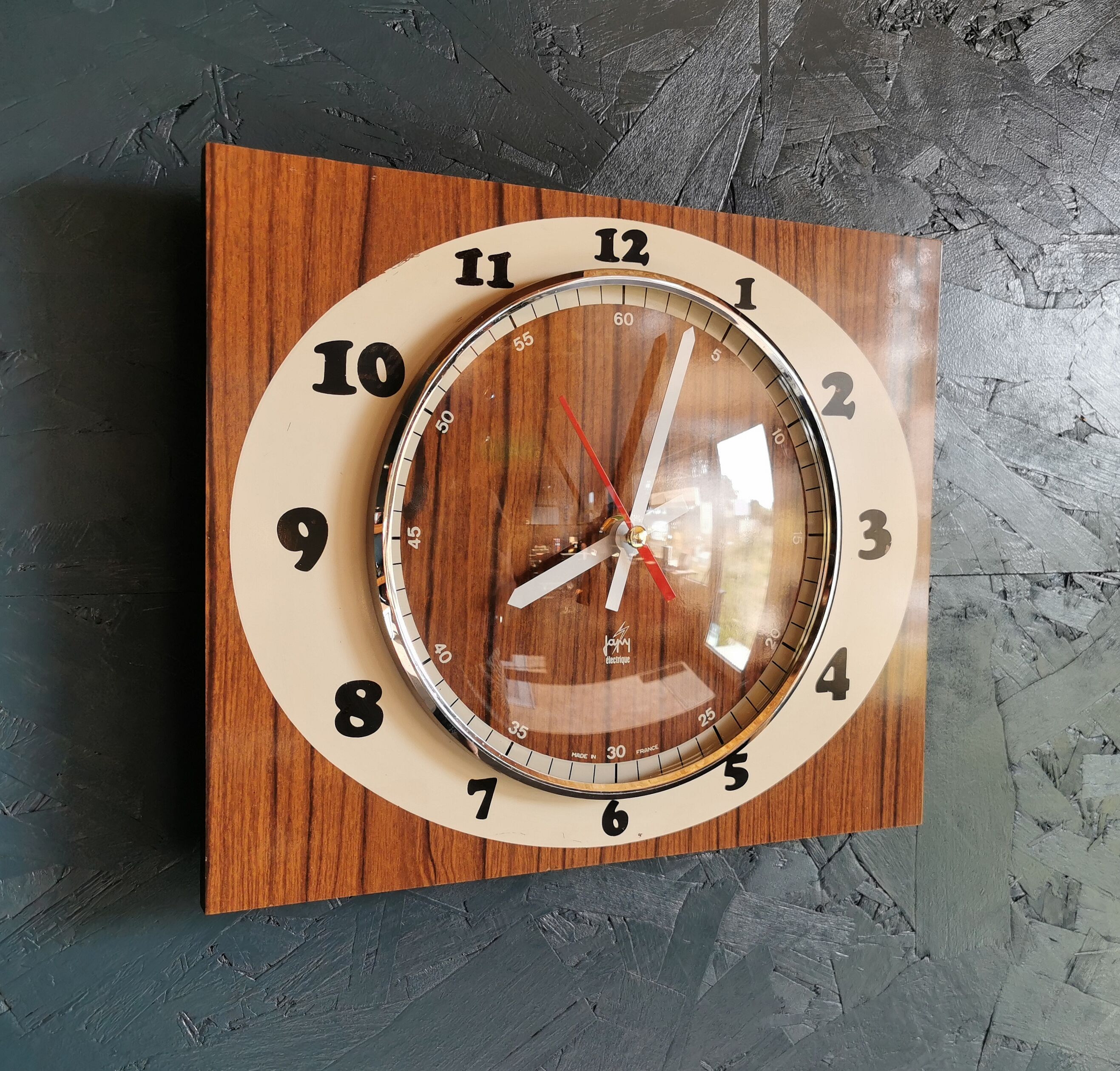 Vintage formica clock rectangular silent wall clock "Japy cream wood"