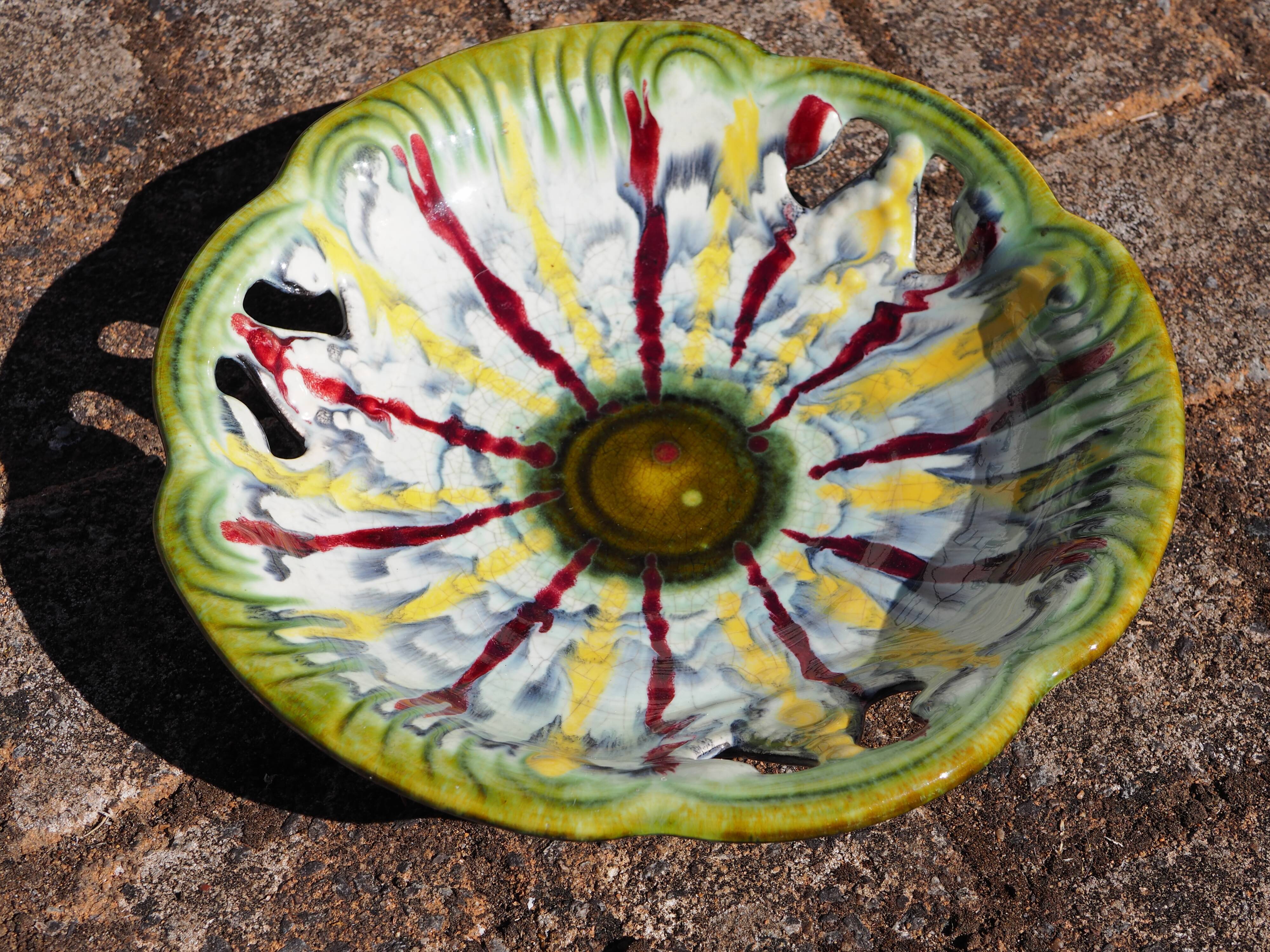 Coupe à fruit ajourée à coulures jaunes et rouges - Fat lava, West Germany - années 70