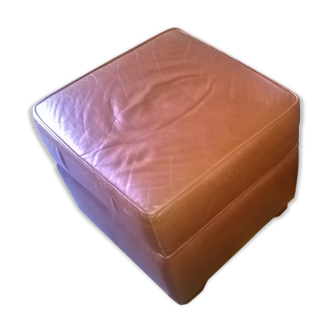 Leather pouf, cube, brown