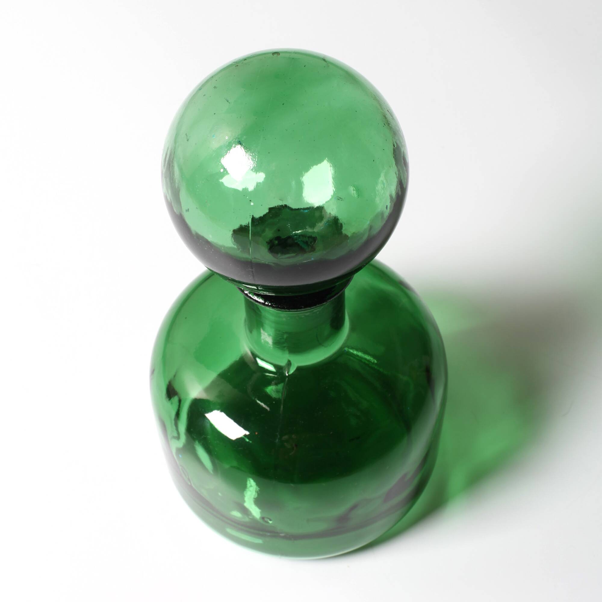 Emerald Green Glass Decanter / Genie Bottle with Stopper / Empoli / 1960s