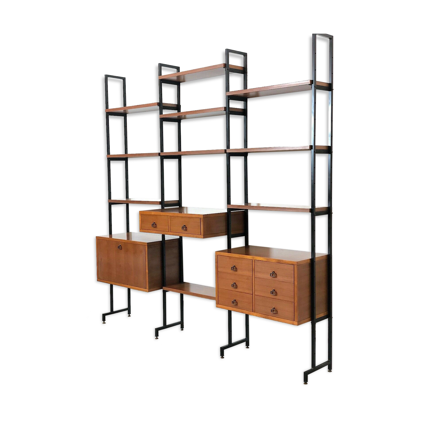 Modular storage unit and teak bookcase. Italy, 60s