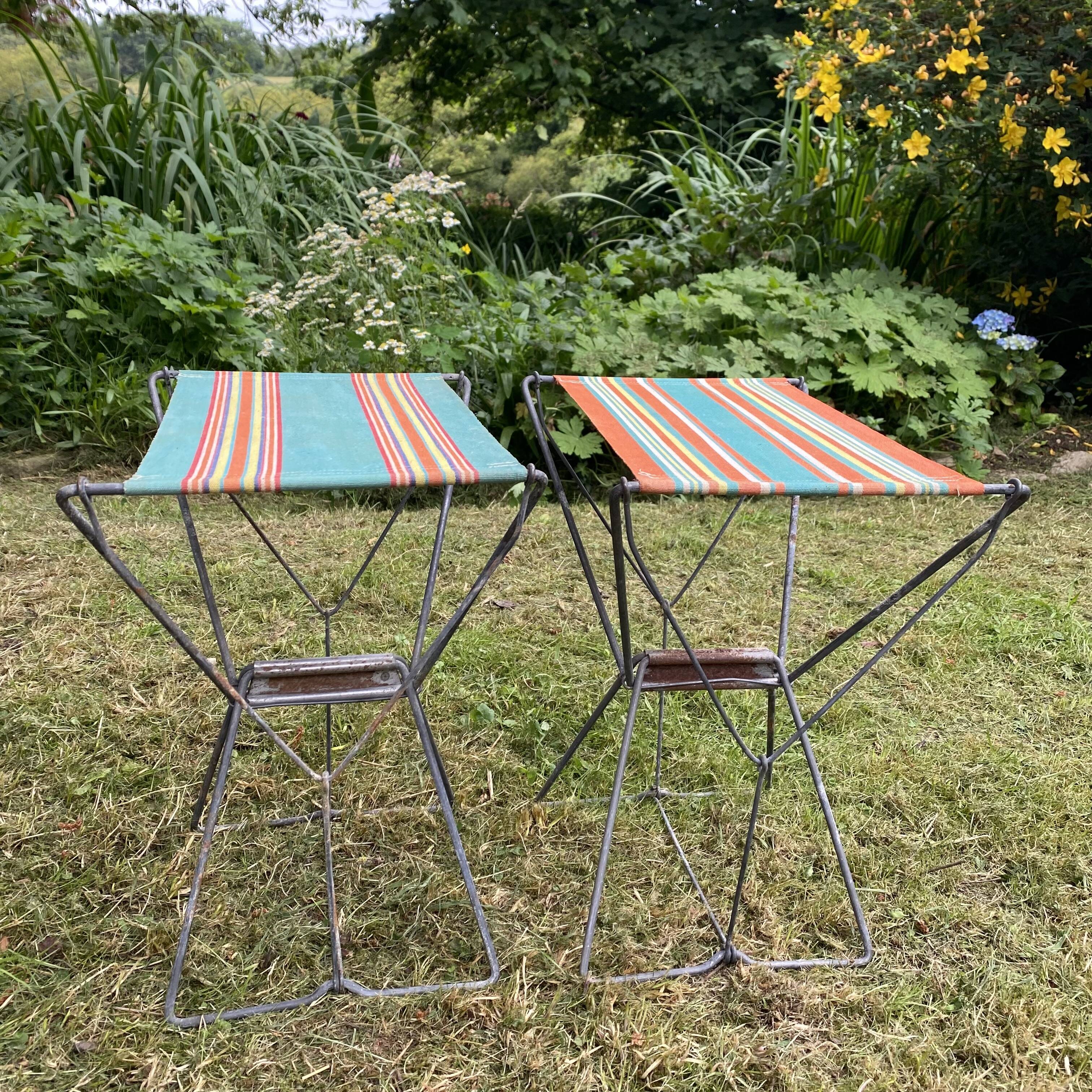 Vintage camping folding stool, striped canvas