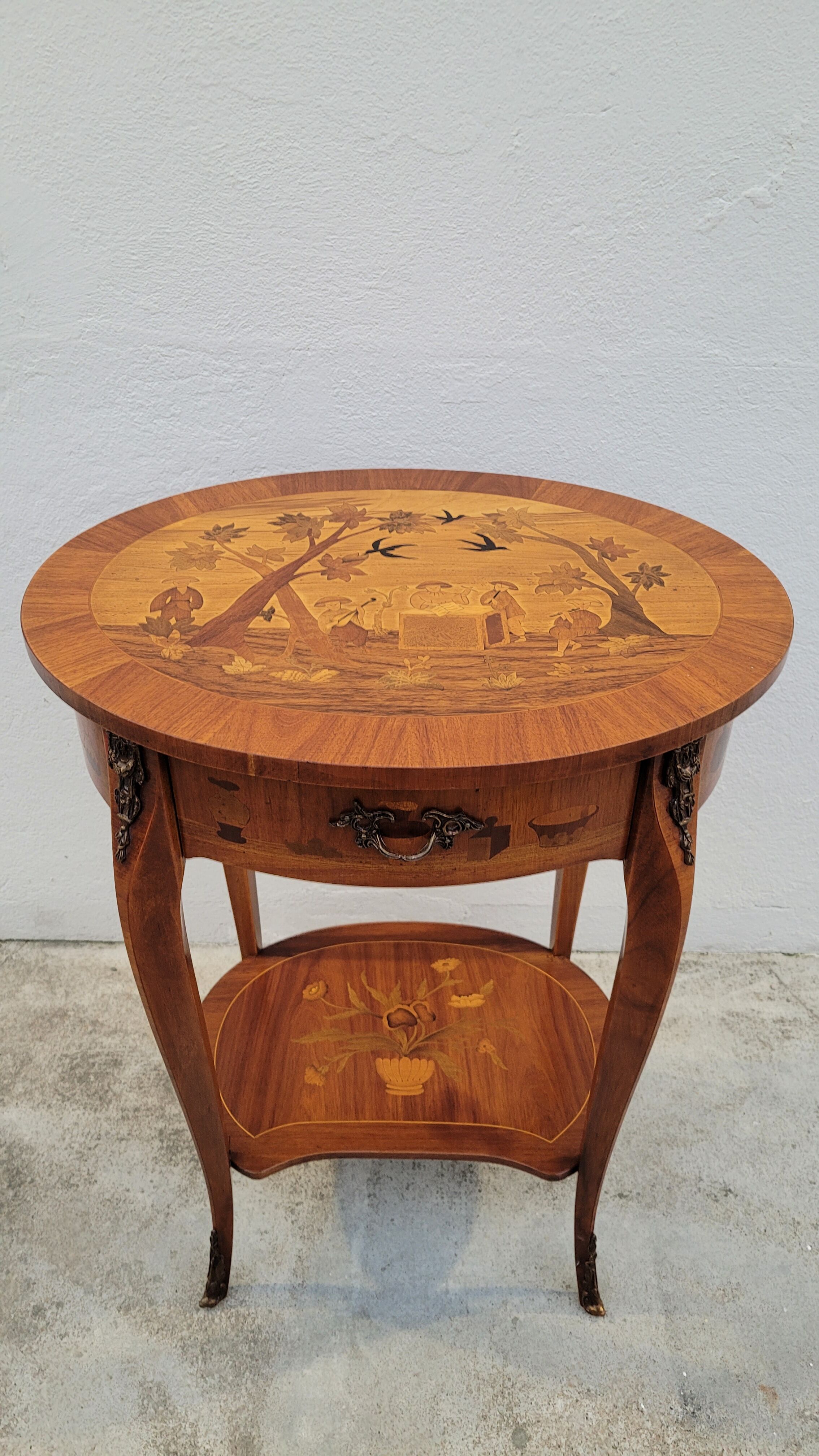 Louis xv style marquetry table Chinese scene