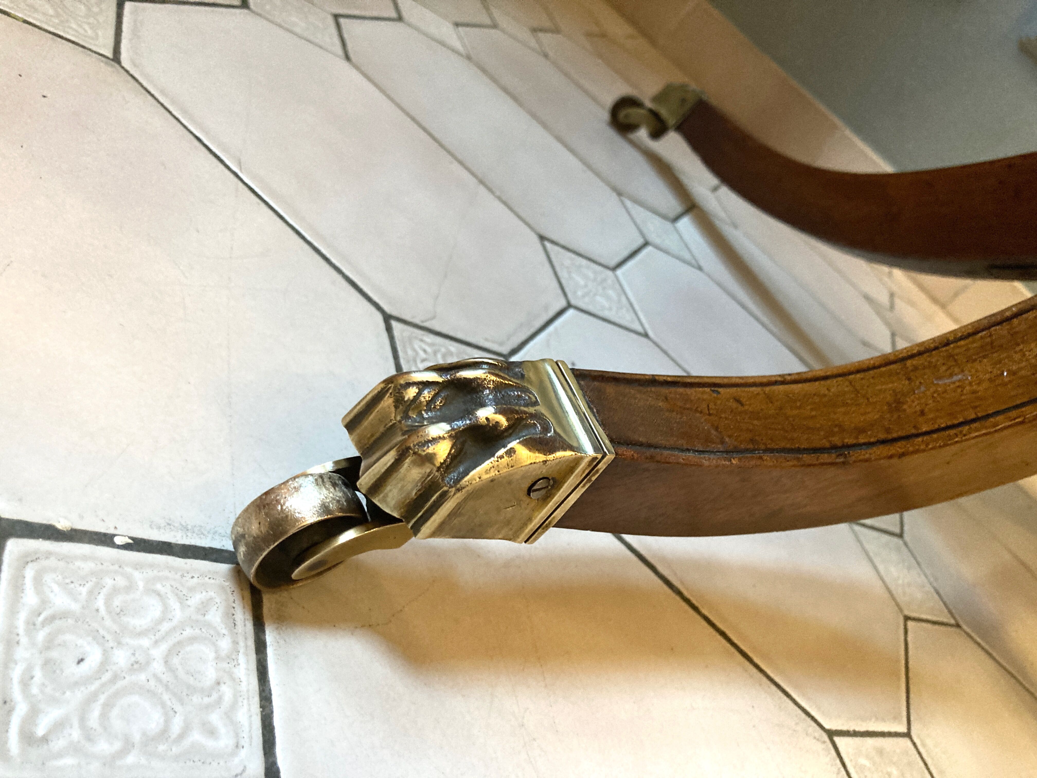 Old drum table 1900 cherry leather and brass