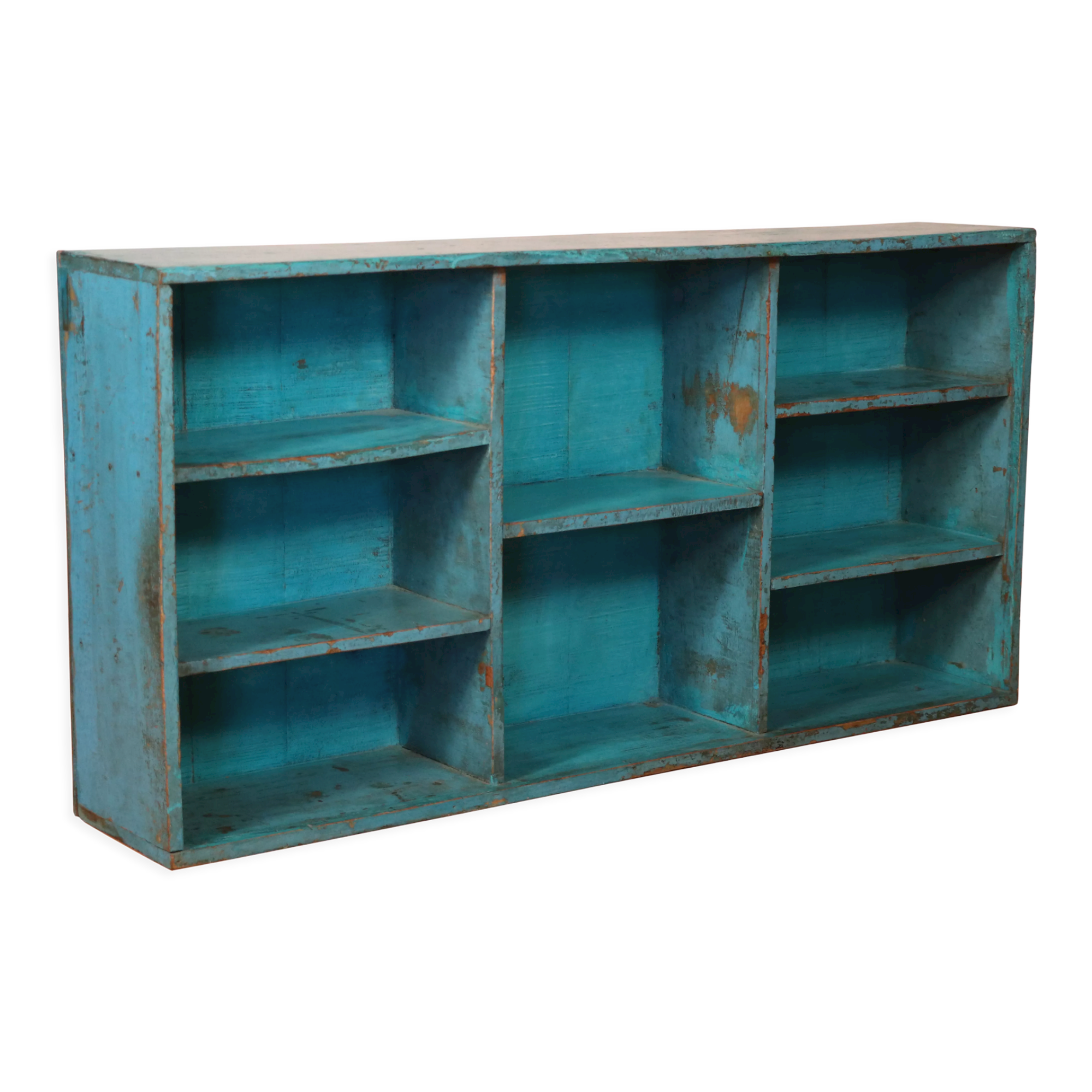 Old Burmese teak workshop shelf original blue patina