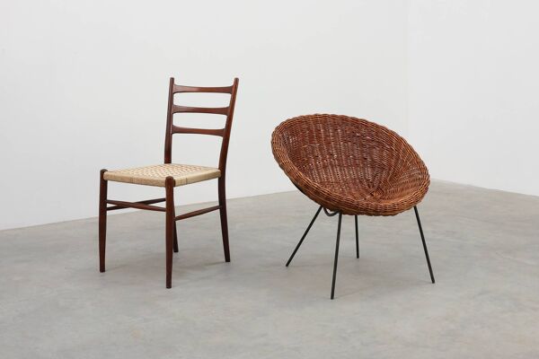 Fauteuil en osier tressé, en rotin et en fer des années 1960, Italie.