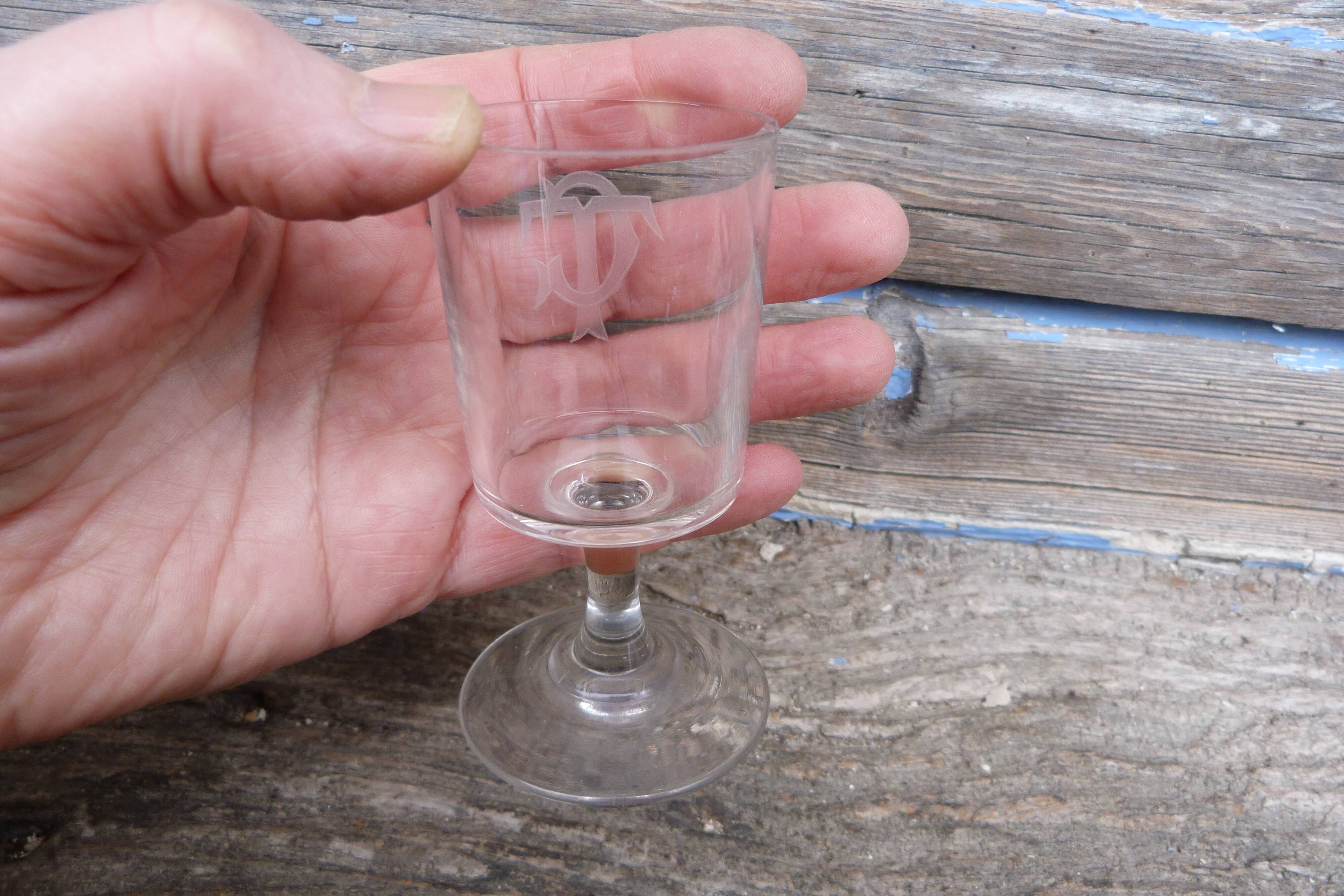Glass 19th century crystal liqueur engraved with monogram acid