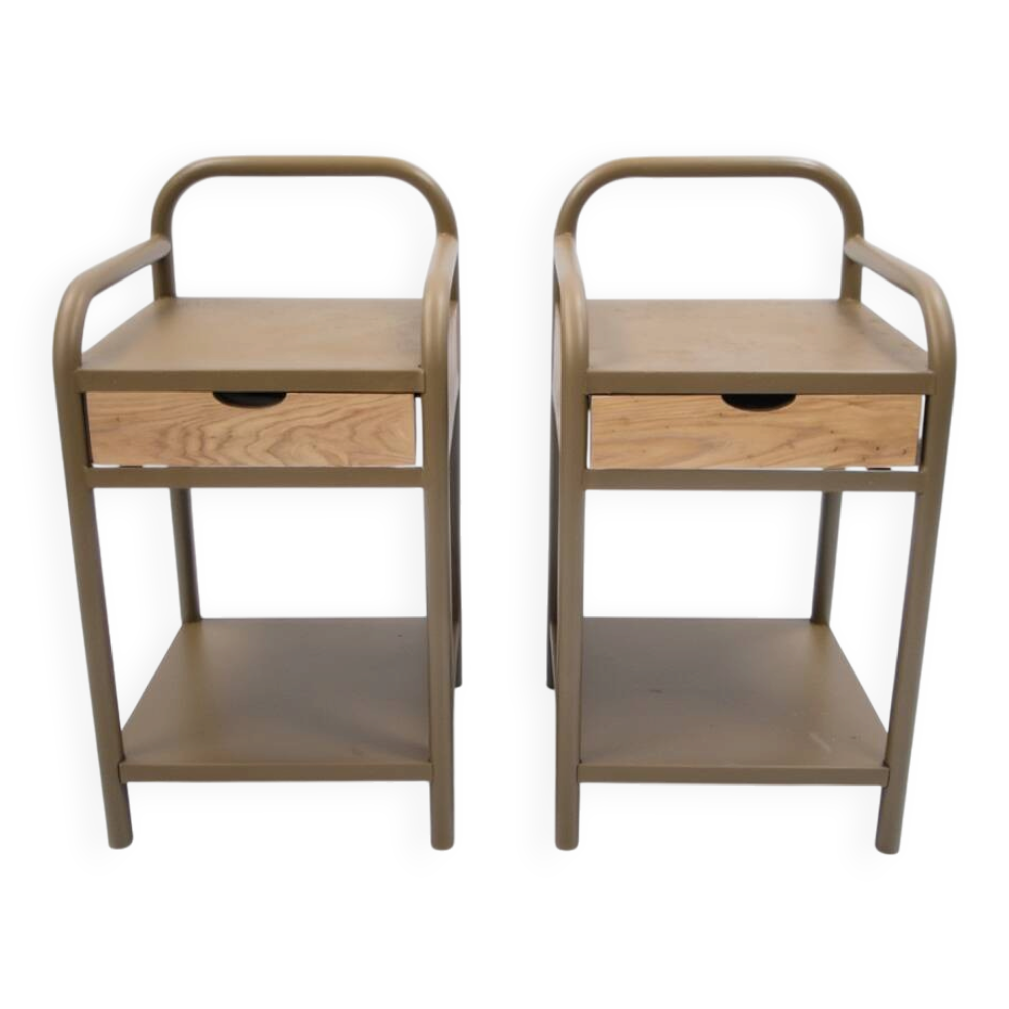 Vintage bedside tables in metal and brown beige wood.