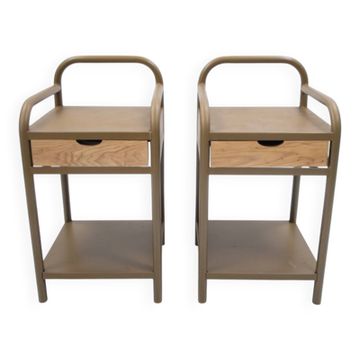 Paire de chevets vintage en metal et bois marron beige