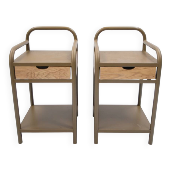 Paire de chevets vintage en metal et bois marron beige