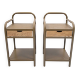 Vintage bedside tables in metal and brown beige wood.