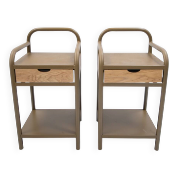 Vintage bedside tables in metal and brown beige wood.