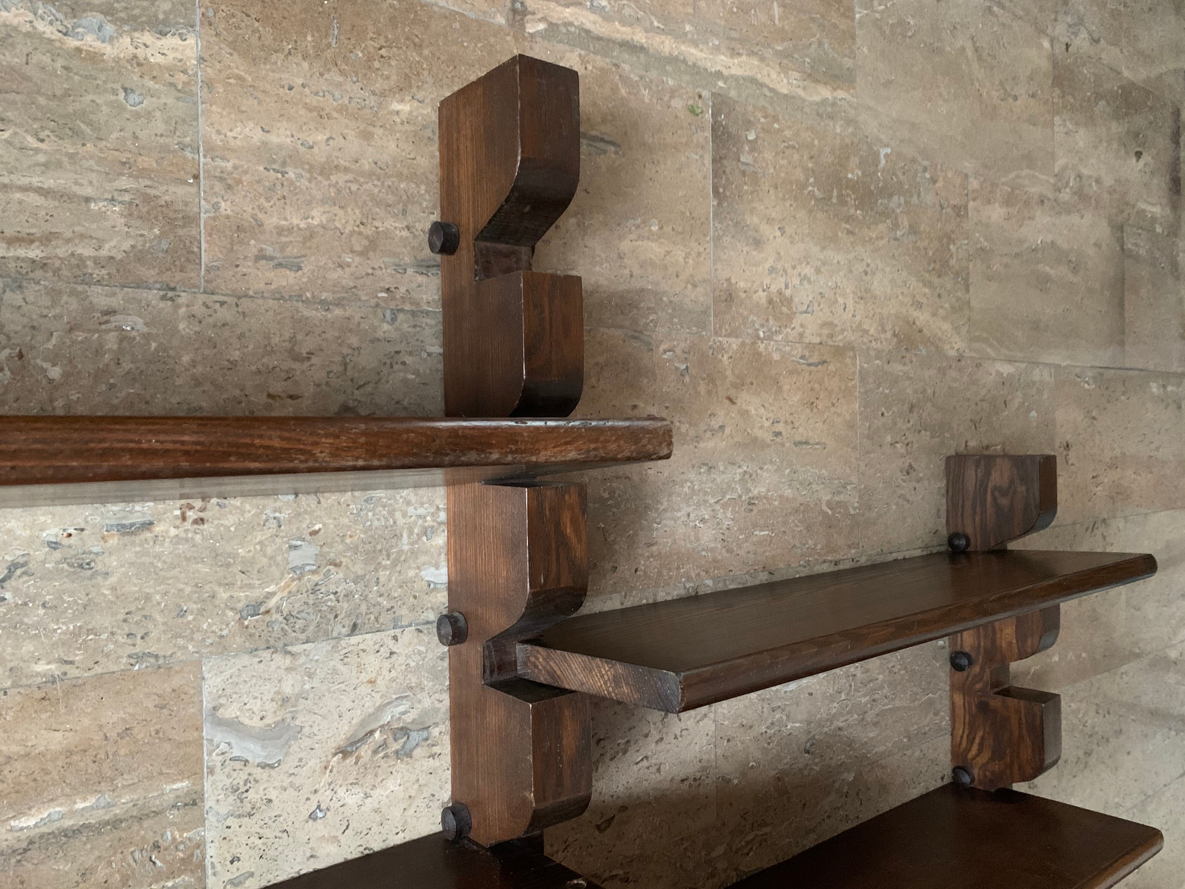 Wooden wall shelves with display case, 1950s