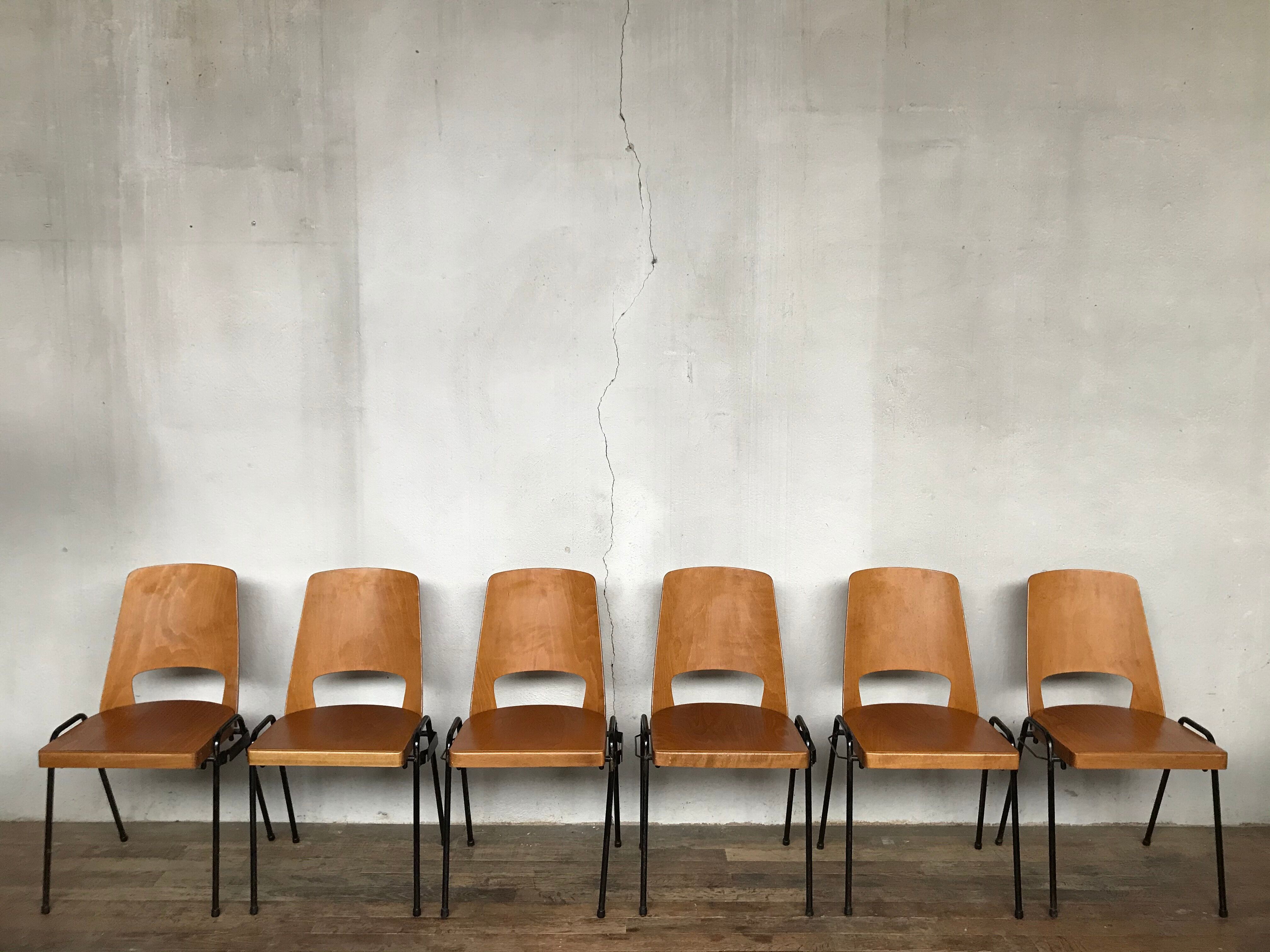 Series of 6 vintage chairs Baumann in beech design year 1950 1960