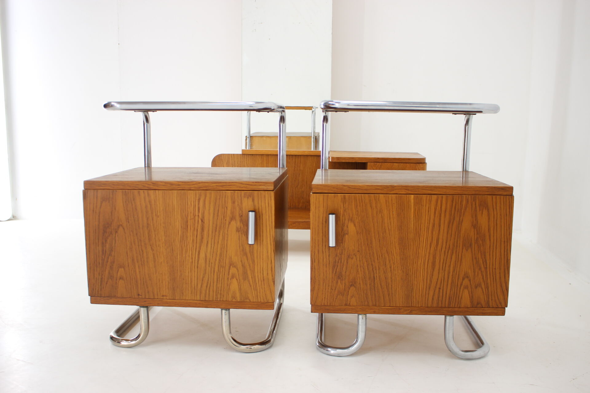 1950s Set of  Oak Bauhaus Mirror Cabinet and Bedside Tables, Czechoslovakia