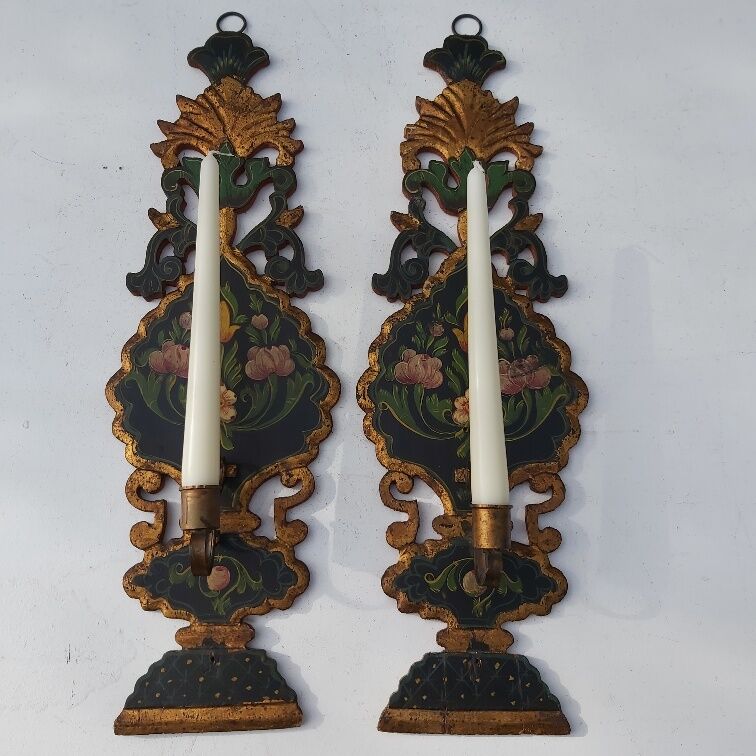 Pair of mountain appliques Savoy vintage painted wood