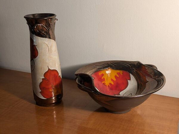 Vase et bol, coupe céramique vintage Tri Ushi (Bulgarie)