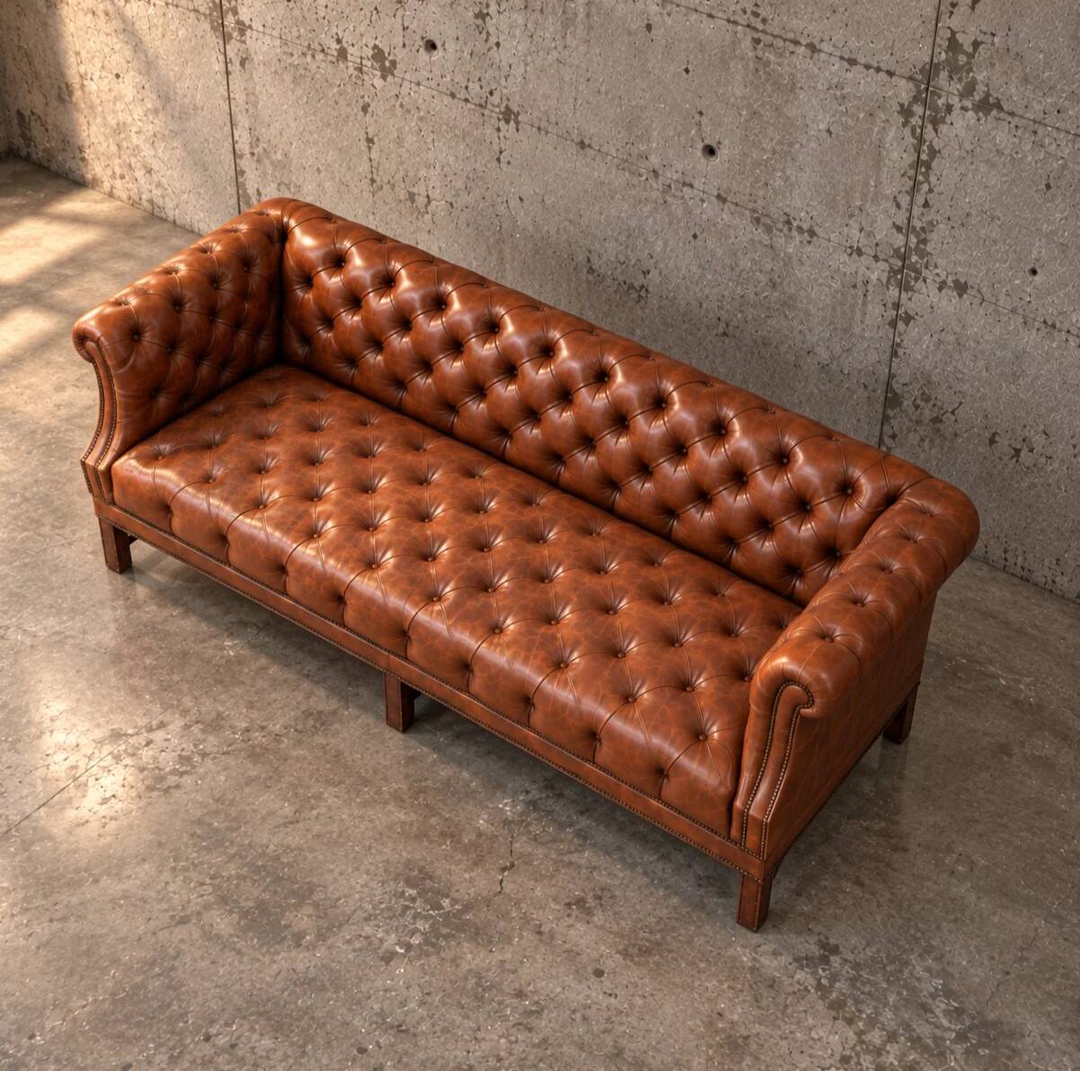 Chesterfield sofa / Brown cognac leather / Deep buttoned / 1980s