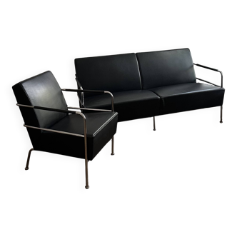 Sofa and armchair in Swedish black leather by Gunilla Allard for Lammhults.