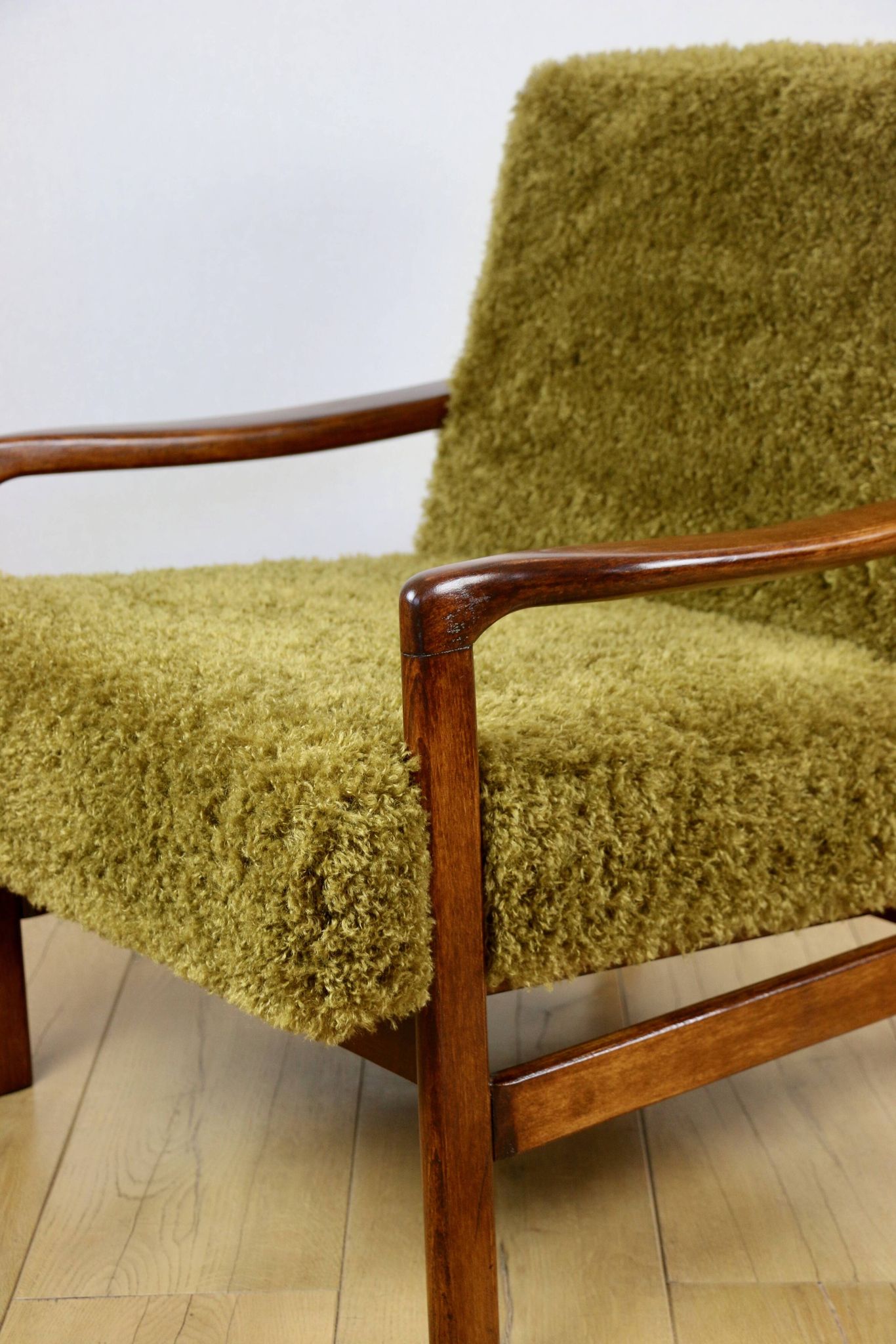 Wooden vintage brown armchair Khaki / Olive long hair Fox by Z. Bączyk - 2 pieces available