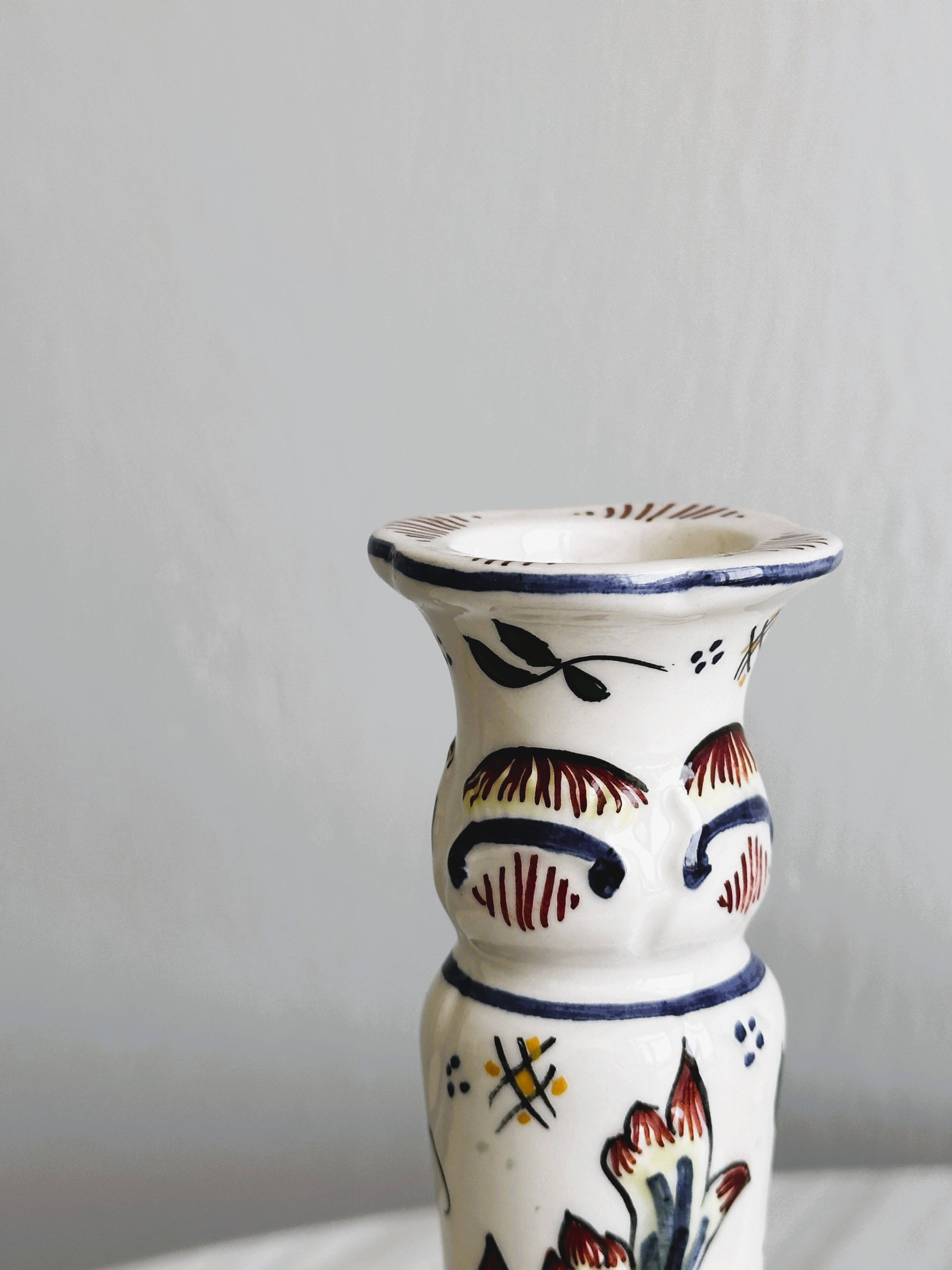 Desvres earthenware candle holder, hand-painted floral decoration.