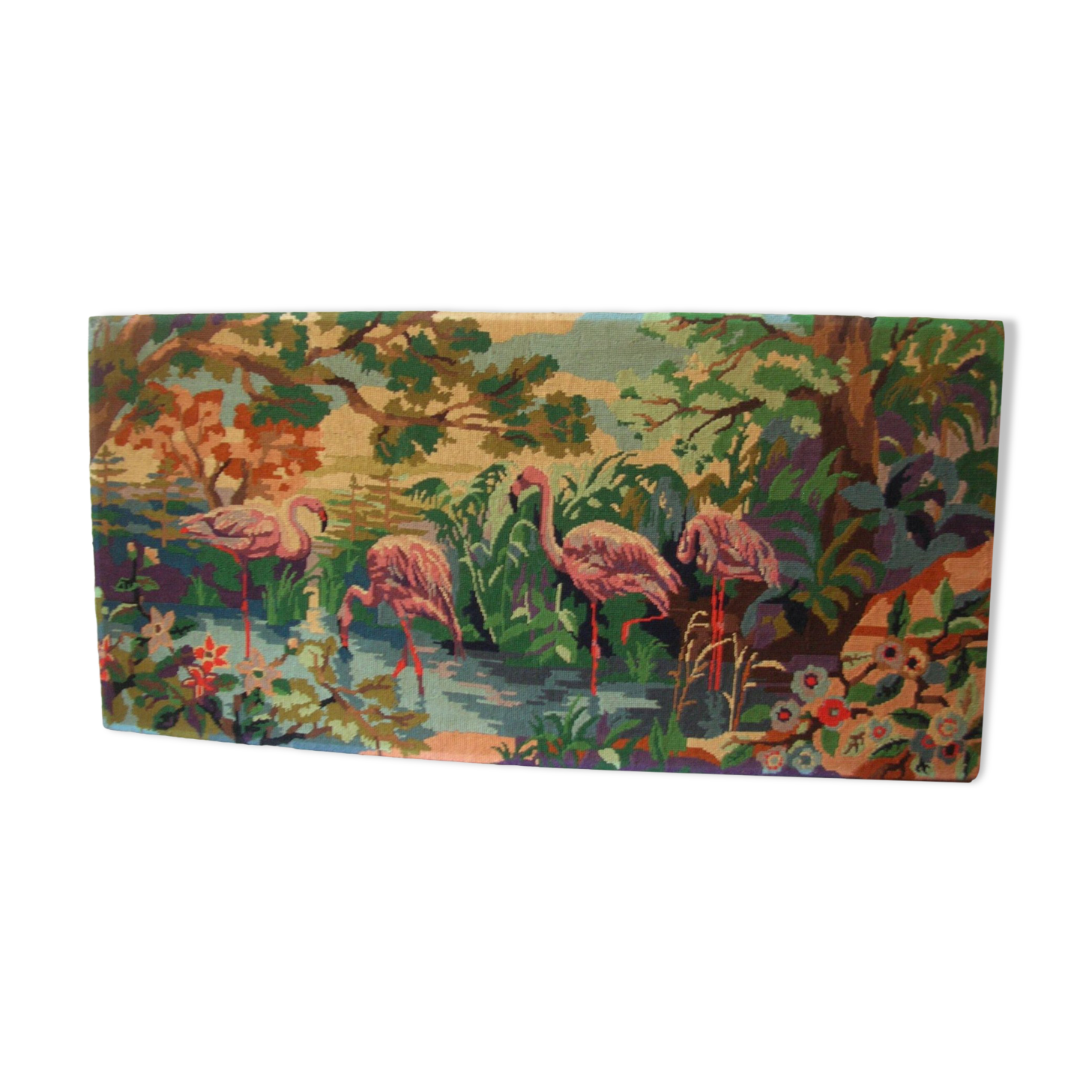 Old canvas tapestry made from a group of pink flamingos 102 cm vintage decoration 1970