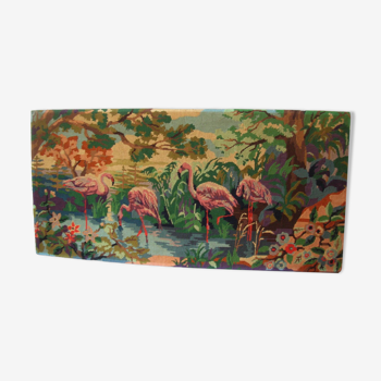 Ancienne tapisserie canevas fait groupe de flamands roses 102 cm déco vintage 1970
