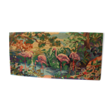 Old canvas tapestry made from a group of pink flamingos 102 cm vintage decoration 1970