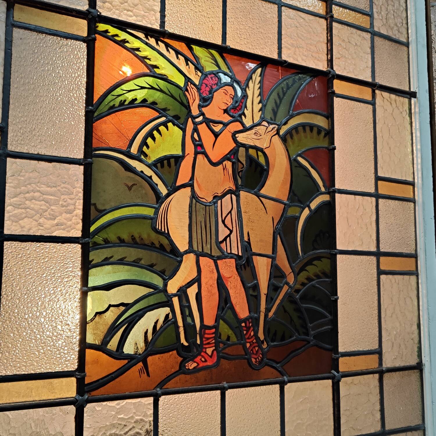 Large 19th century stained glass window The woman and the doe