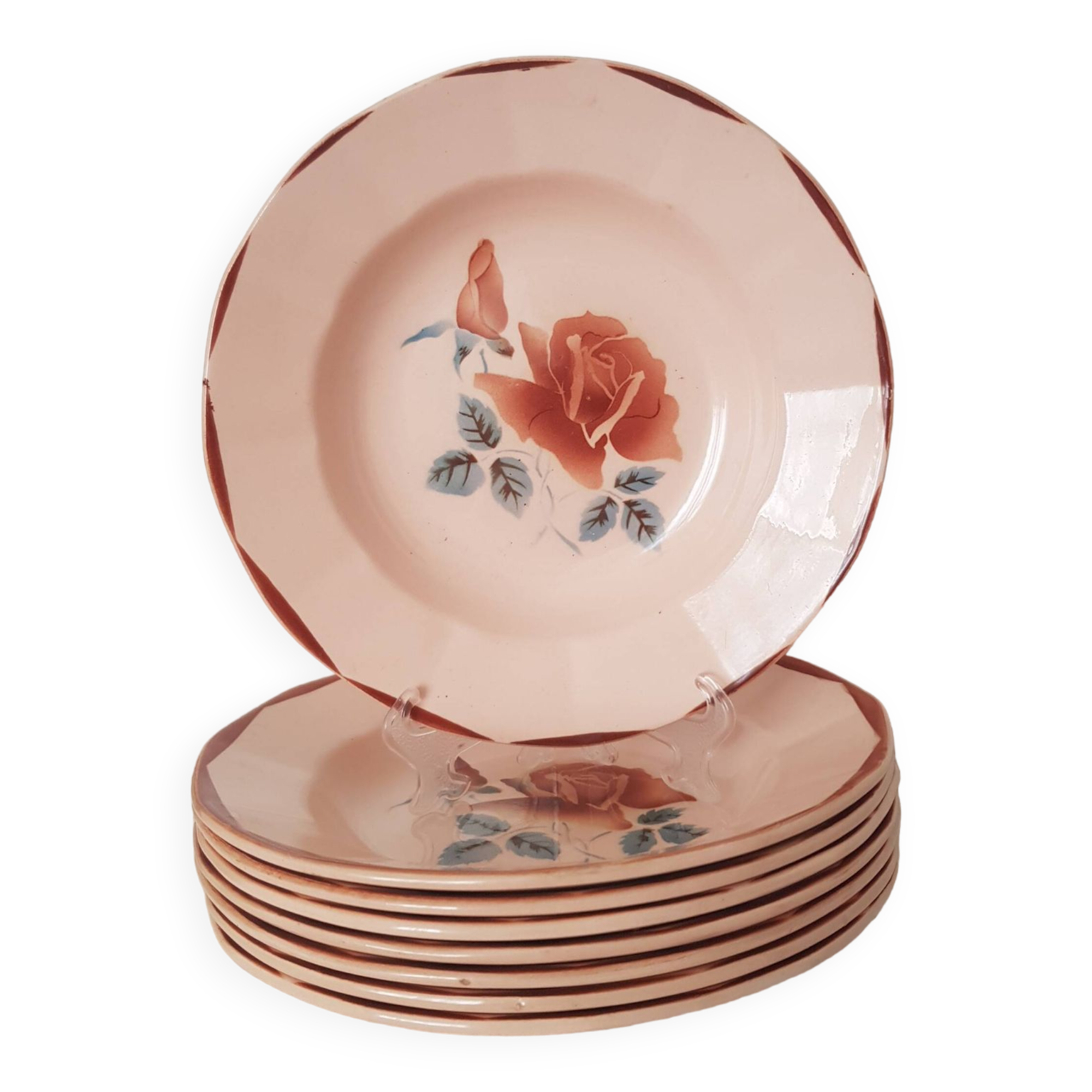 8 hollow plates Digoin Sarreguemines purple pink décor 9181