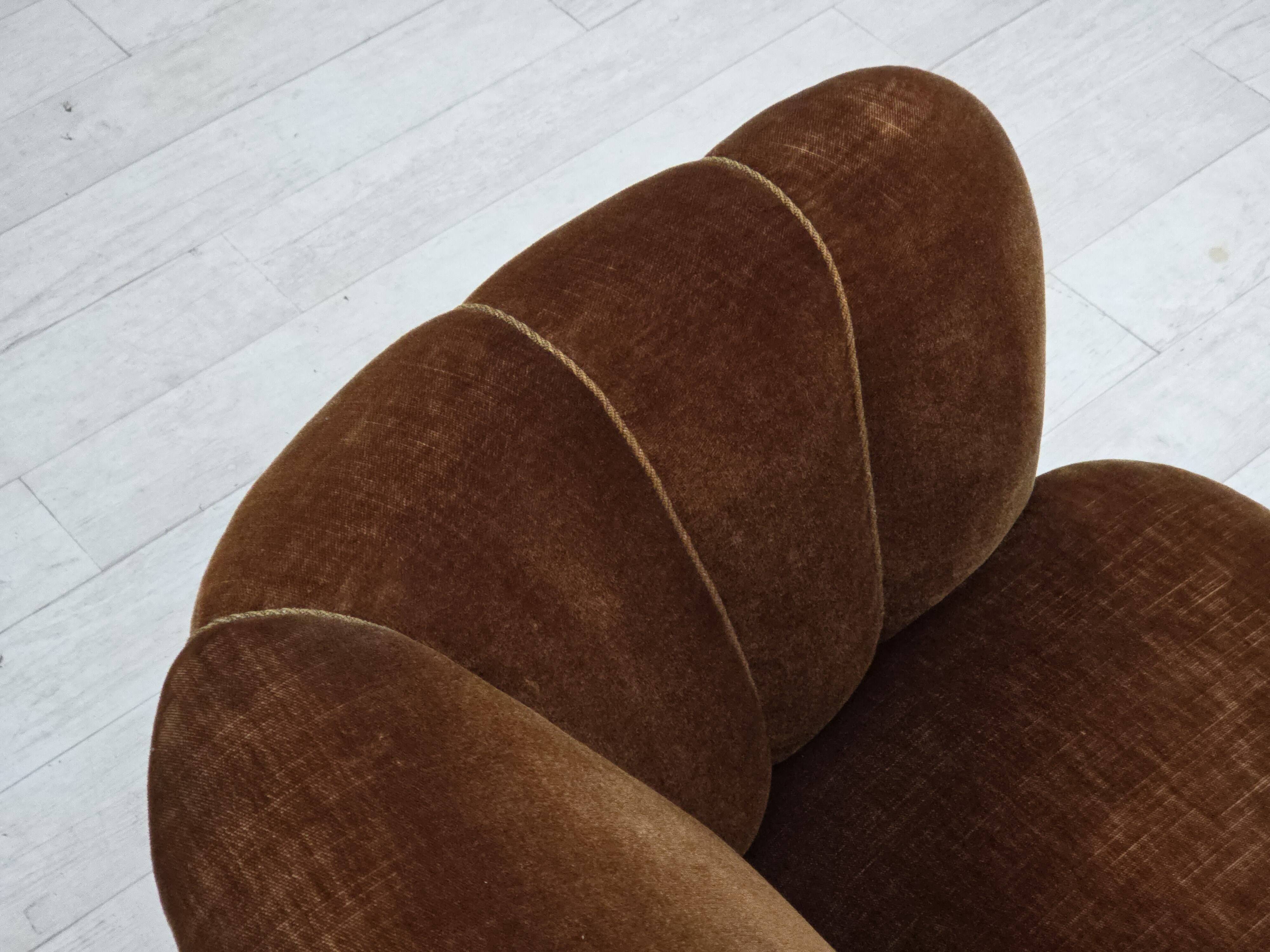 1960s, Danish curved chair, brown furniture velour.