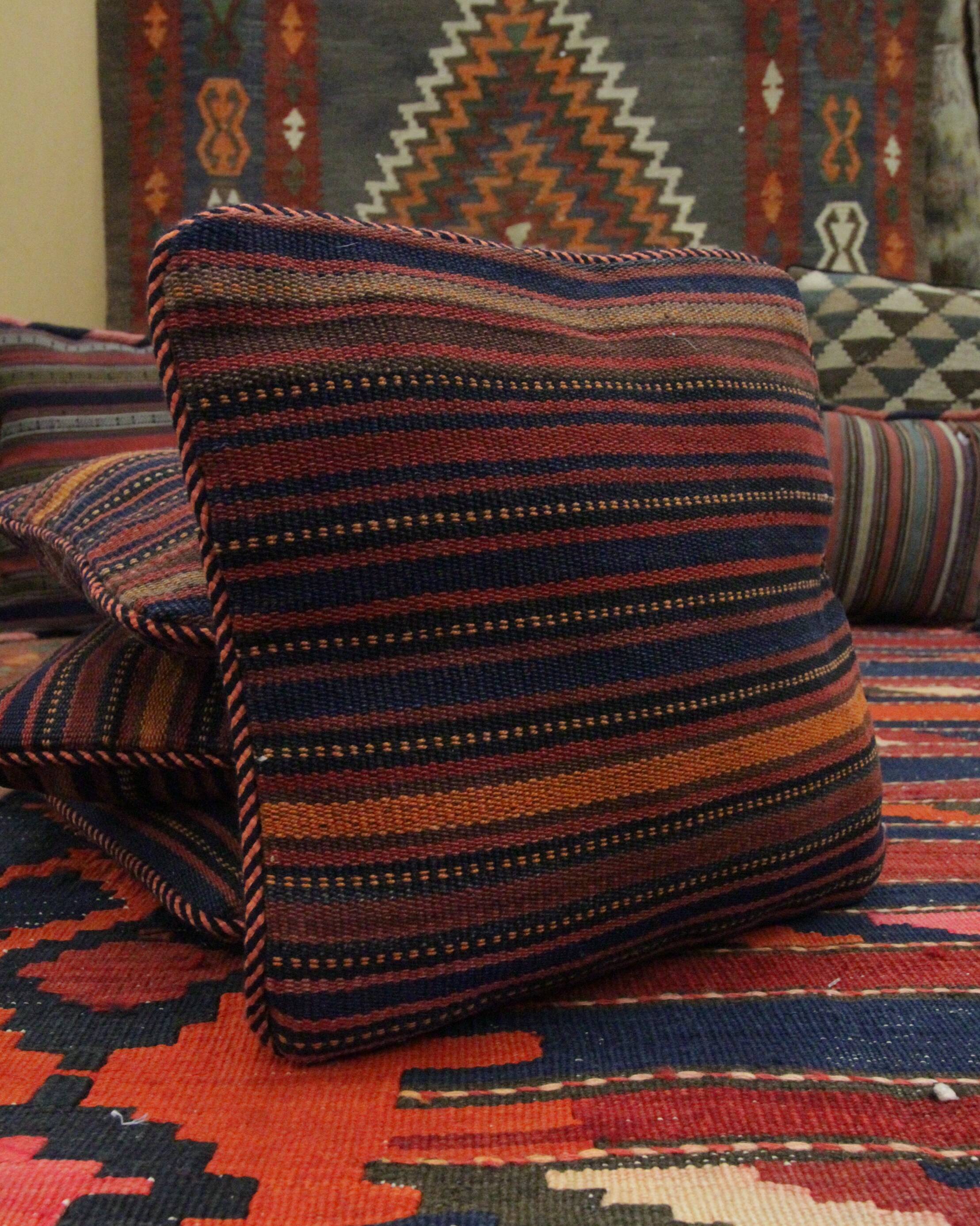 Striped Wool Kilim Scatter Cushion Handwoven Red Blue Pillow Case- 31x31cm