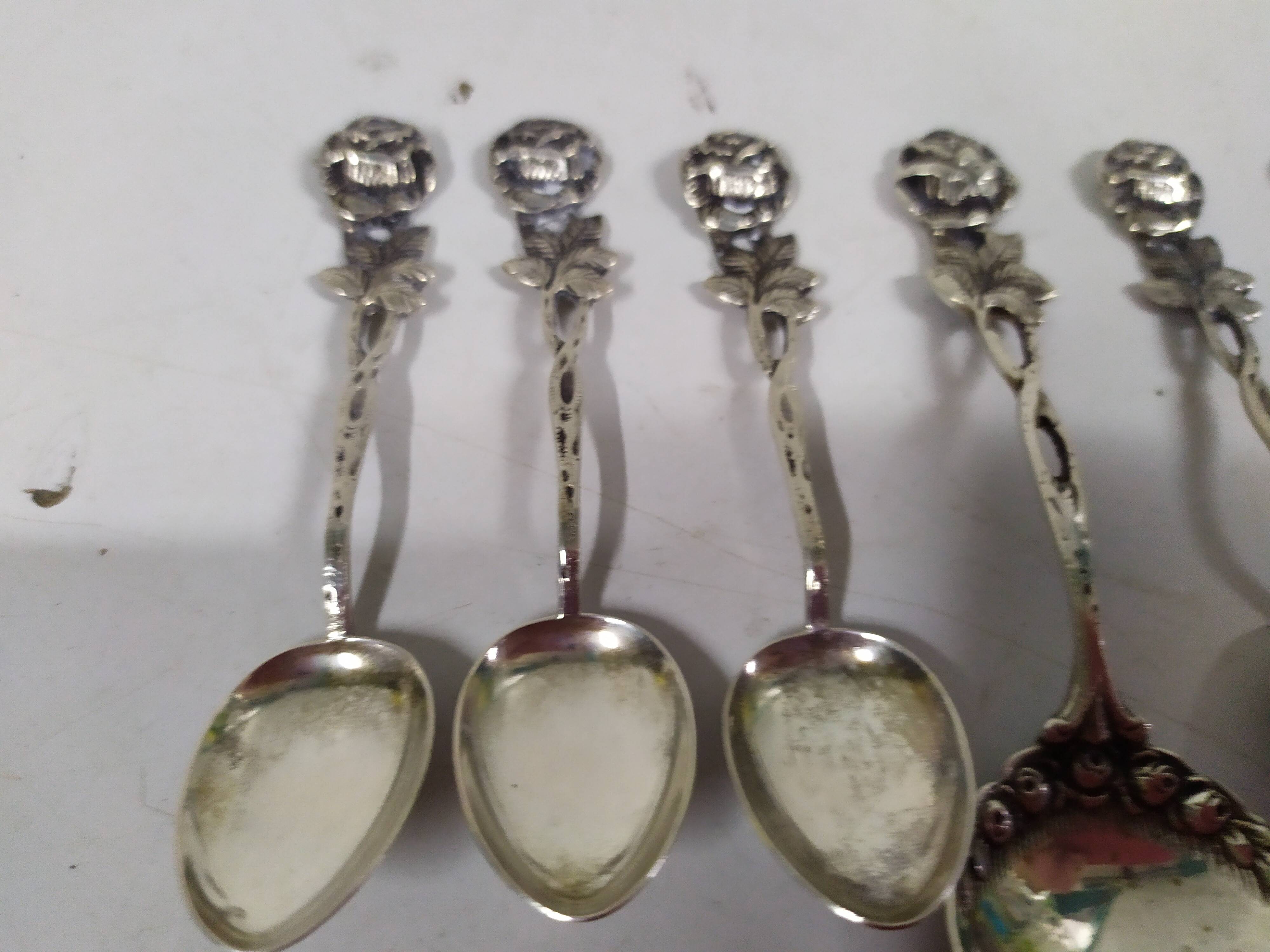 Lot de 6 cuilleres a moka cafe et 1 cuillère à sucre argent massif 800 - art déco rose