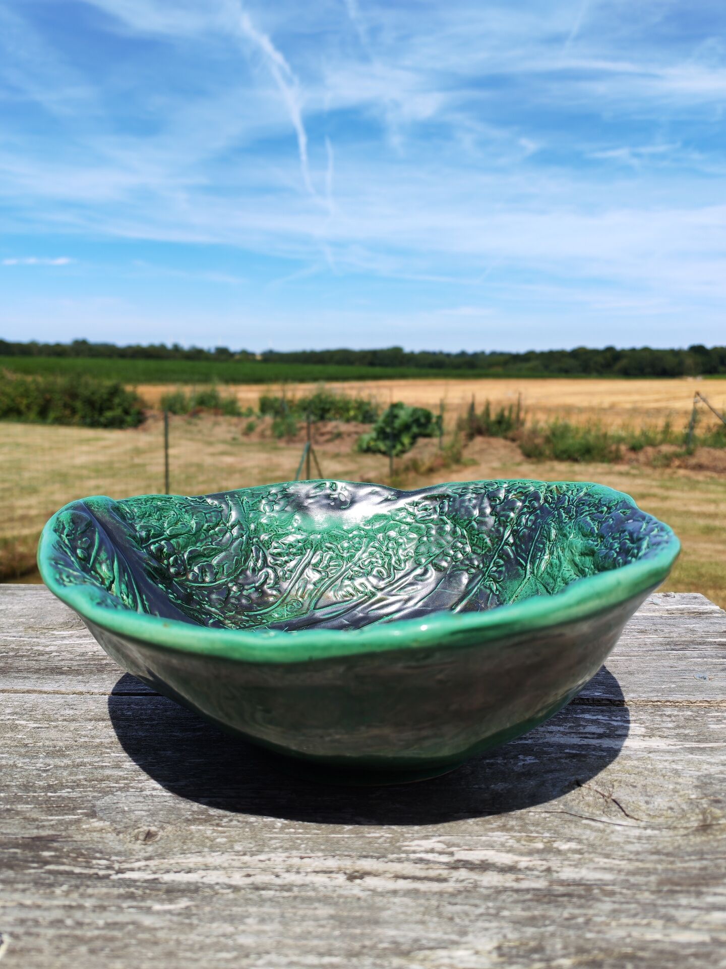 Vintage cabbage leaf earthenware salad bowl