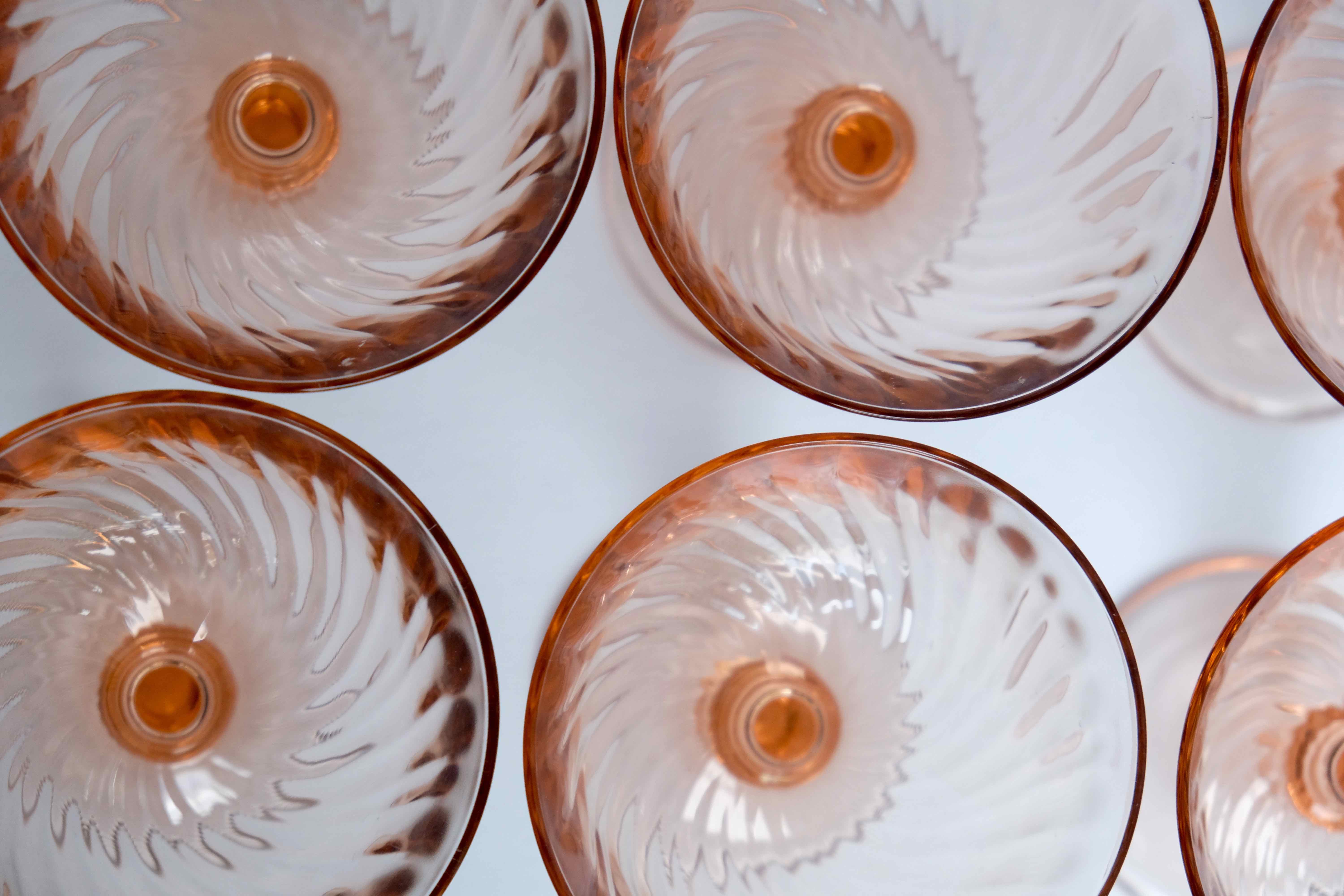 Set of 6 cups champagne rose vintage Rosaline pink swirl glass Arcoroc Luminarc France