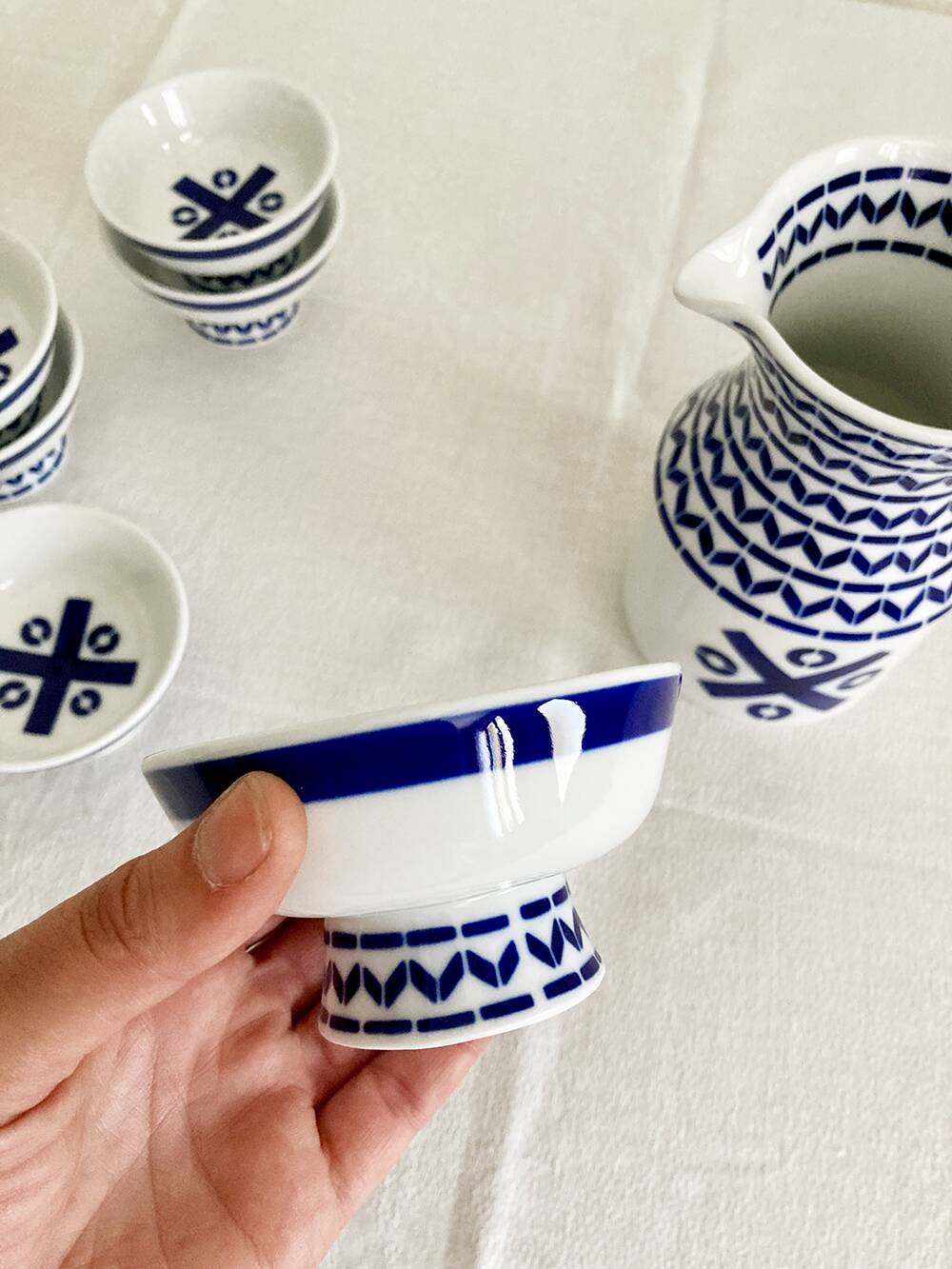 Set of six Sargadelos porcelain wine glasses and pitcher