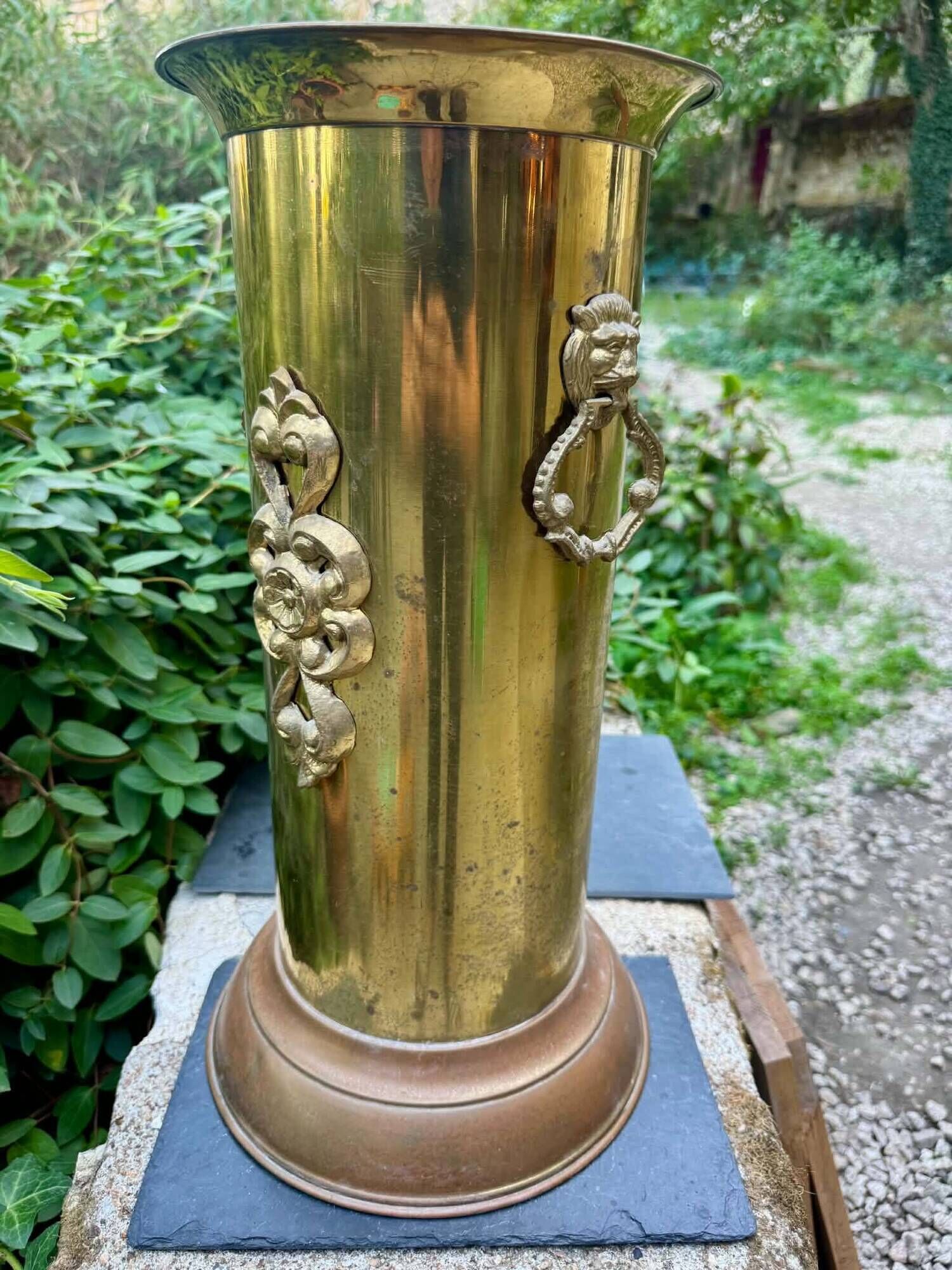 Brass umbrella stand from the 1950s, baroque style.