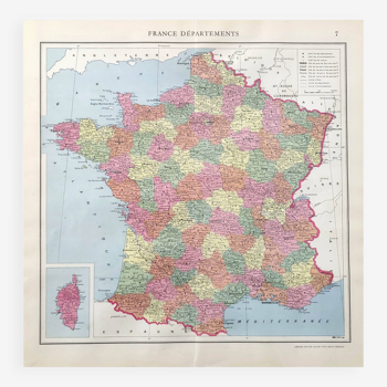 Carte ancienne France et ses départements en 1950 43x43cm