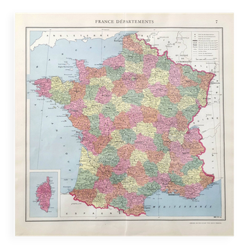 Old map of France and its departments in 1950 43x43cm