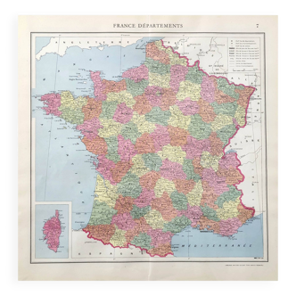 Carte ancienne France et ses départements en 1950 43x43cm