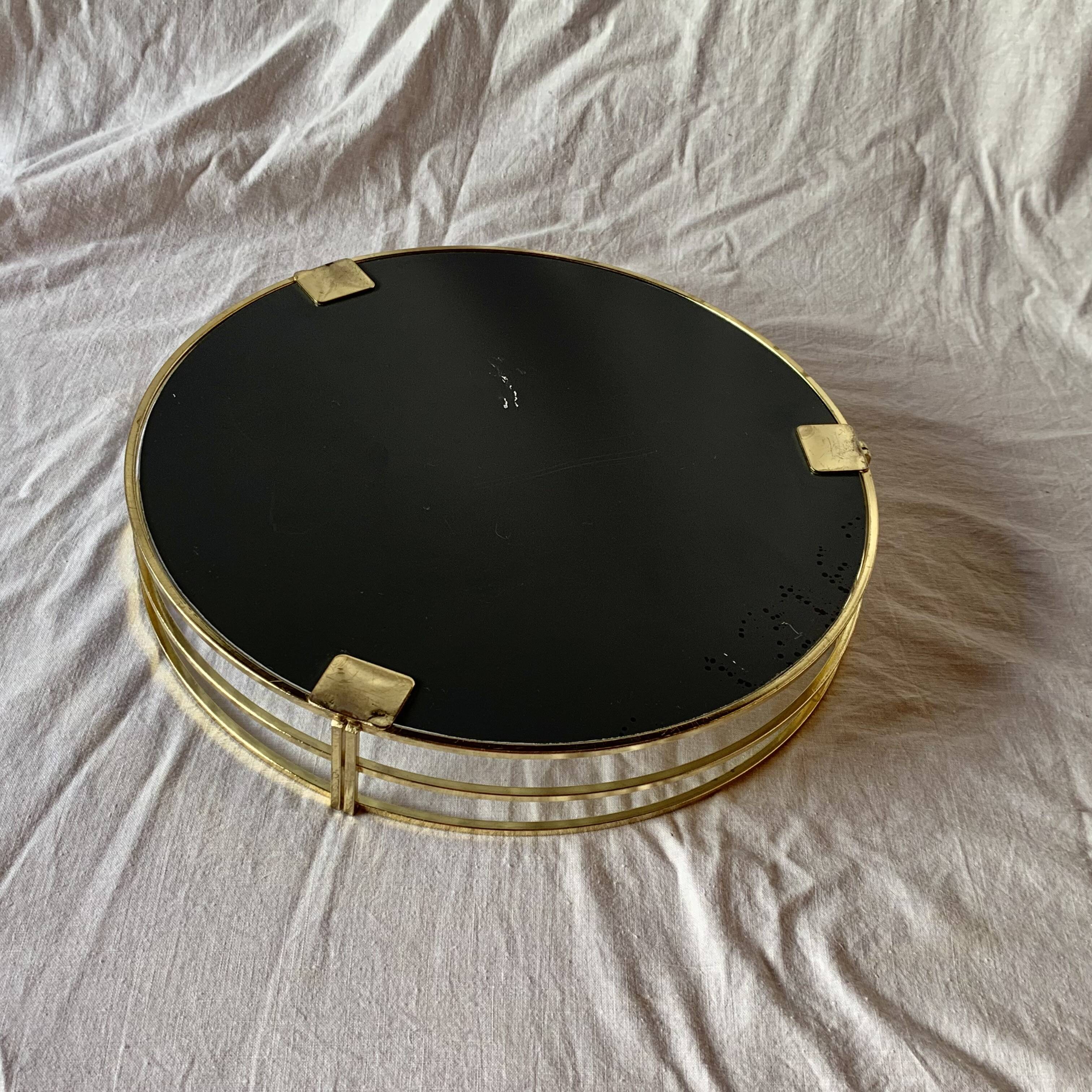 Vintage round tray in gold metal and mirror