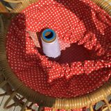 Rattan worker rumbles fabric size red white peas