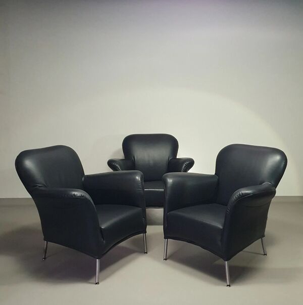 3 x fauteuil rare / modèle Turn / cuir noir / Bert Plantagie en parfait état.