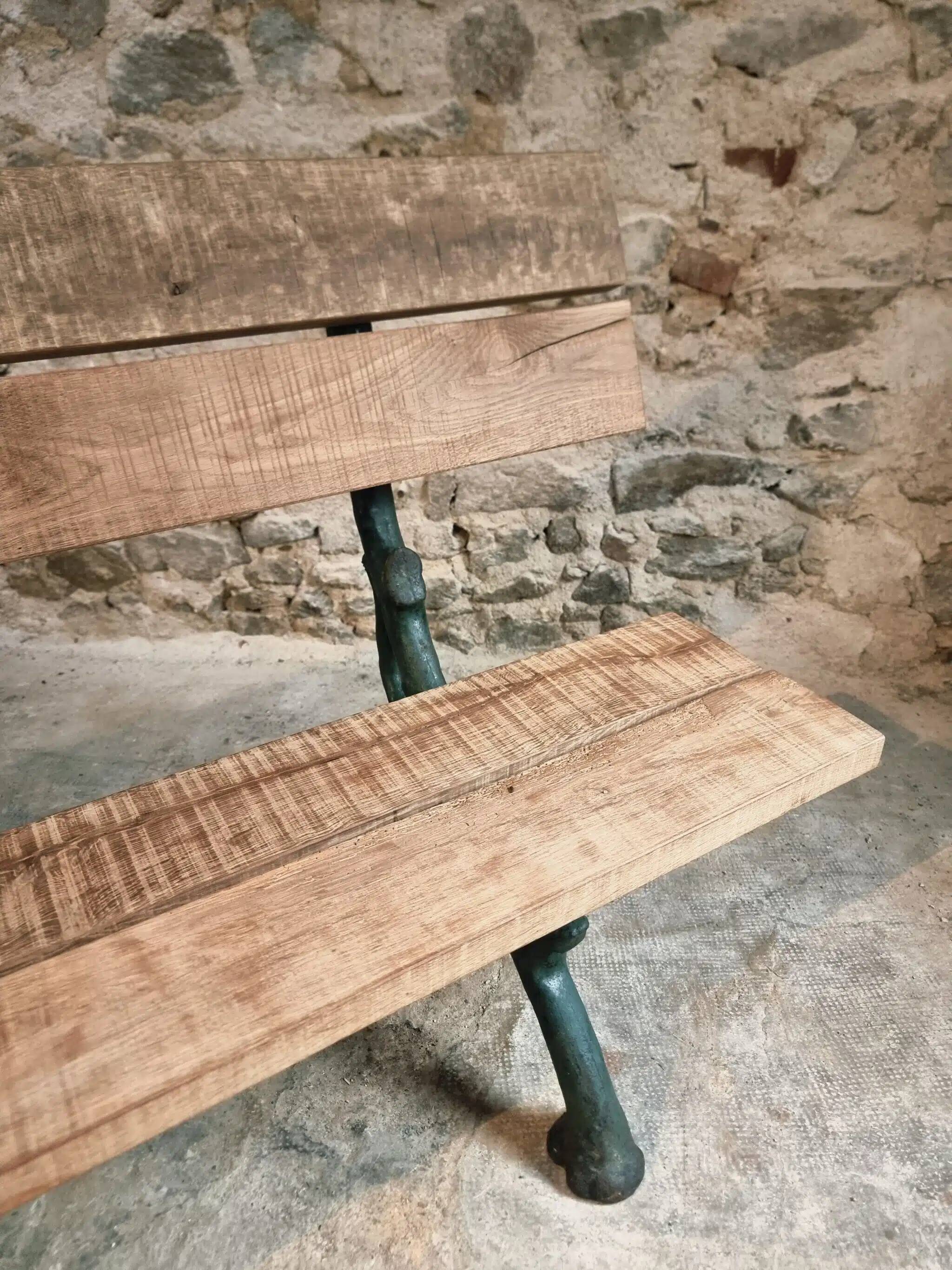 Antique French park bench in cast iron and oak – Sea green patina, 220 cm