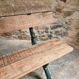 Antique French park bench in cast iron and oak – Sea green patina, 220 cm