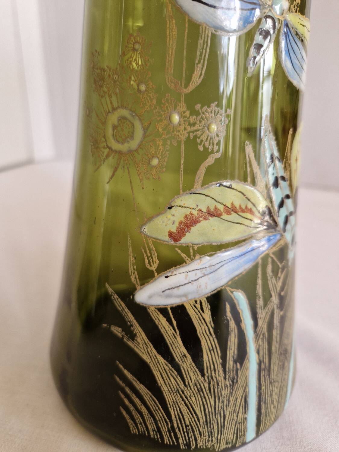 Pair of Enameled Glass Vases with Dragonflies. Unsigned Legras