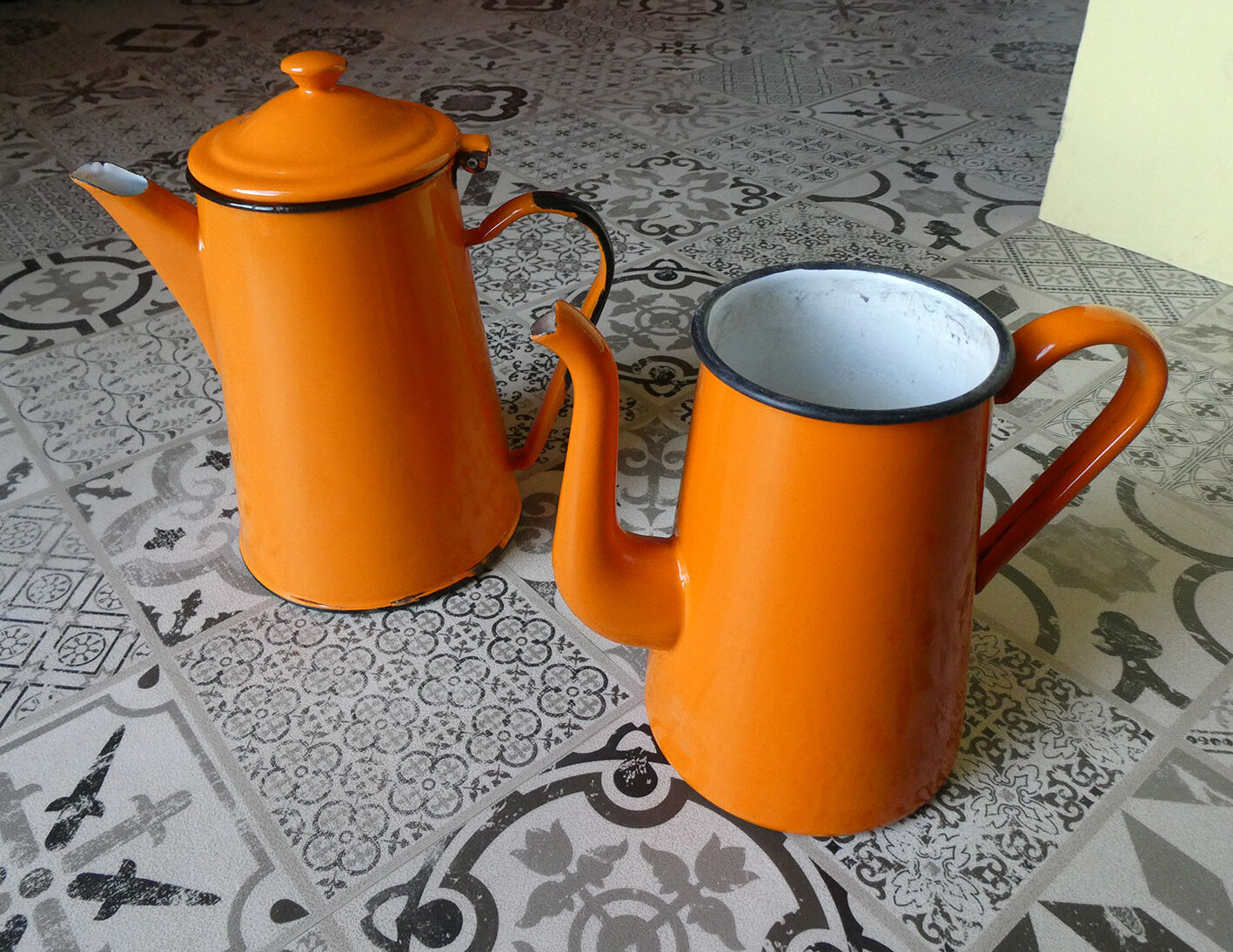 Lot of vintage orange enamelled coffee makers