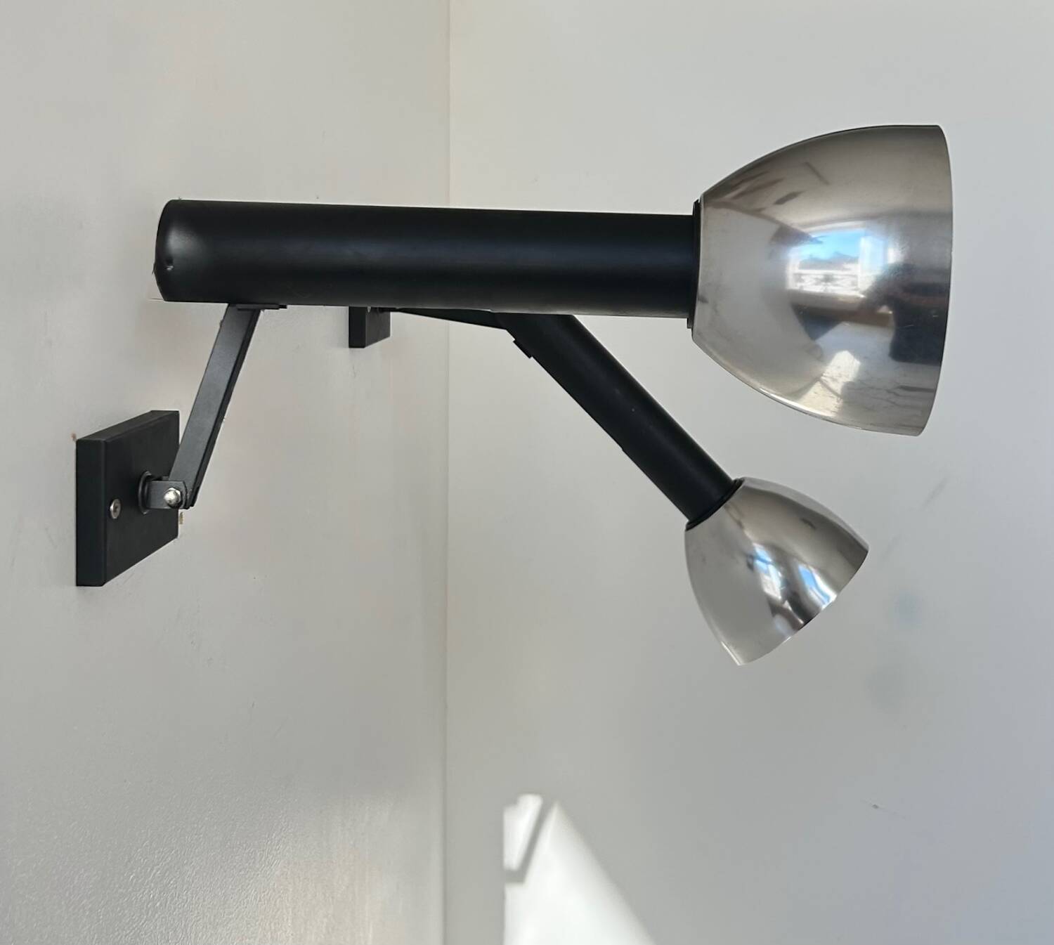 Pair of vintage wall lights, chrome and matte black metal, France 1960