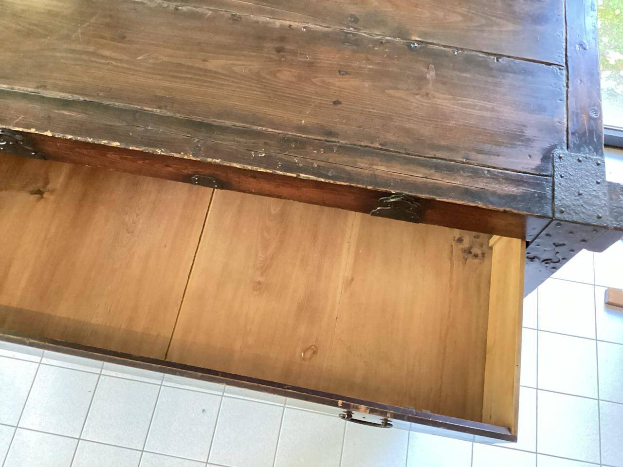 Japanese antique wooden chest with black fittings.