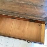 Japanese antique wooden chest with black fittings.